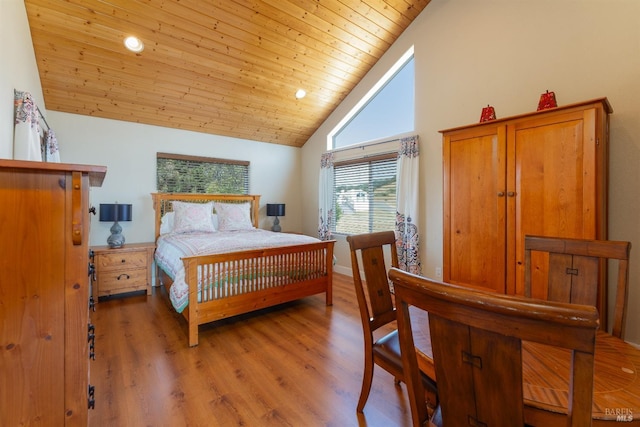 bedroom featuring light wood-style floors, wood ceiling, high vaulted ceiling, and recessed lighting