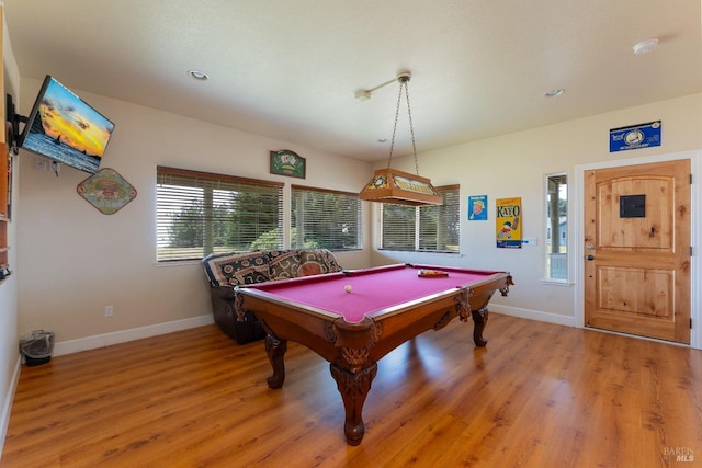 rec room featuring light wood-style flooring, baseboards, and pool table