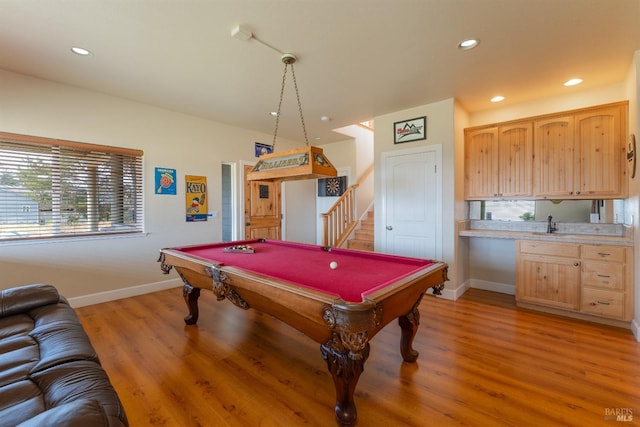 rec room featuring pool table, light wood-type flooring, and recessed lighting