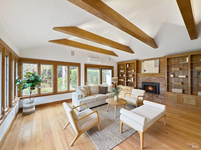 living room with vaulted ceiling with beams, built in shelves, and a wall unit AC