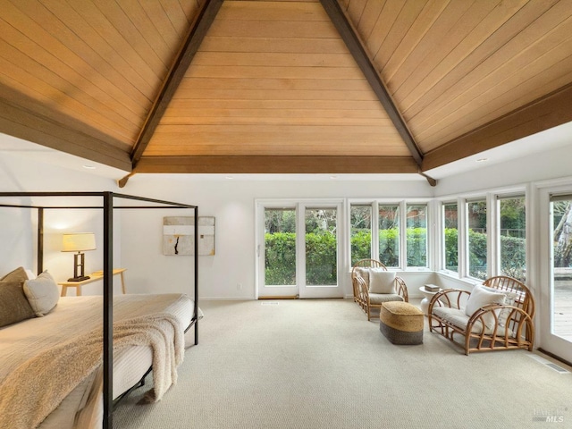 bedroom with access to exterior, wood ceiling, carpet floors, and lofted ceiling with beams