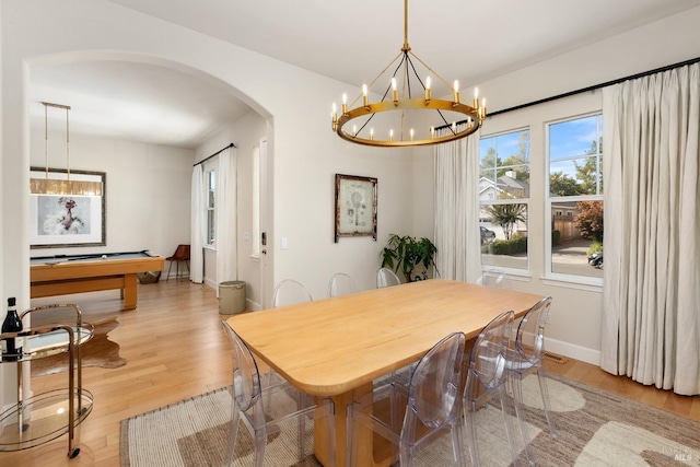 dining space featuring pool table and light hardwood / wood-style flooring