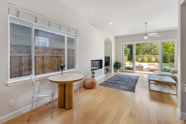 living room with ceiling fan and light wood-type flooring