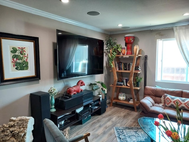 living room with light wood-type flooring and crown molding