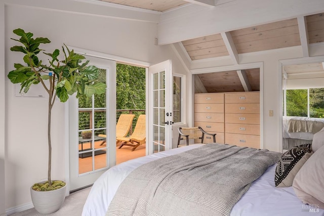 bedroom featuring vaulted ceiling with beams, wooden ceiling, and french doors