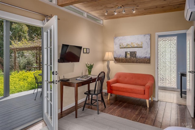 living area featuring a wall mounted air conditioner, french doors, plenty of natural light, and wooden ceiling