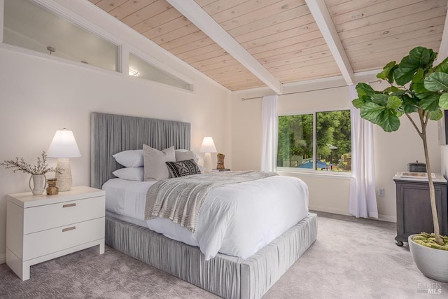 carpeted bedroom featuring wood ceiling and lofted ceiling with beams