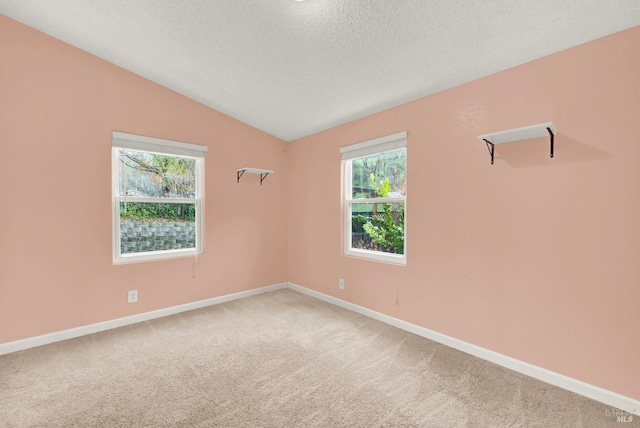 carpeted spare room with a textured ceiling, lofted ceiling, and plenty of natural light