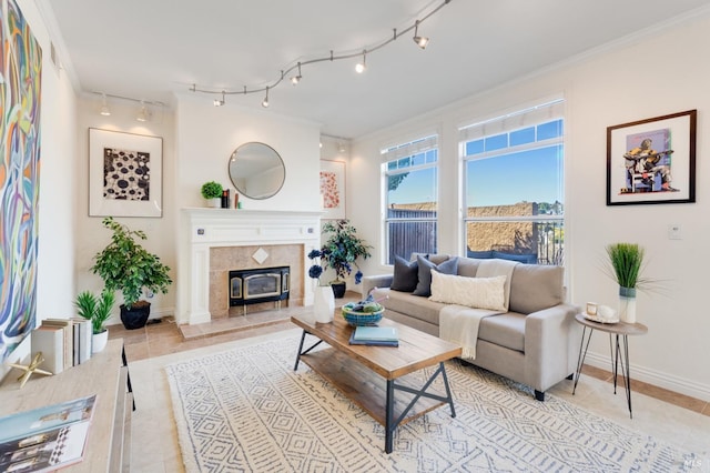 living room featuring light tile patterned floors and ornamental molding