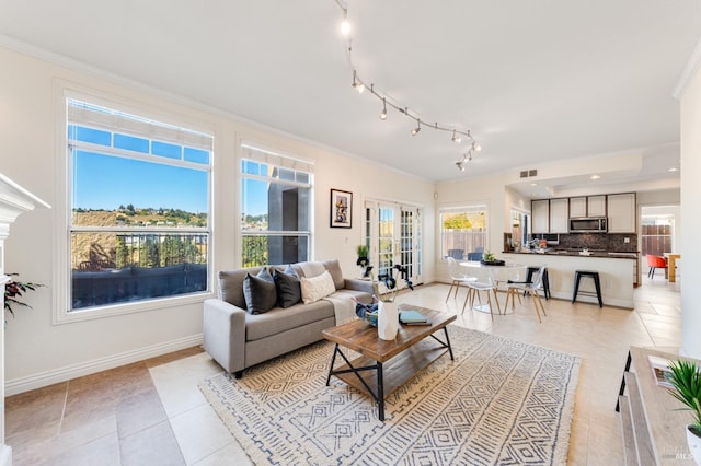 tiled living room featuring french doors and crown molding