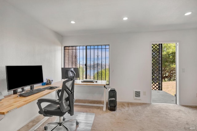 home office with light carpet