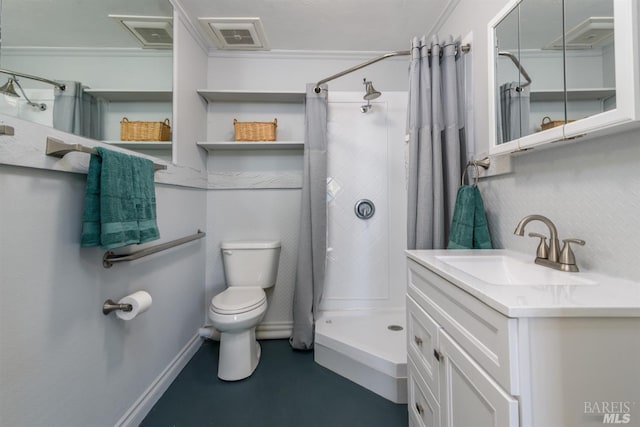 bathroom with a shower with shower curtain, vanity, toilet, and crown molding