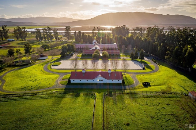 bird's eye view featuring a mountain view and a rural view