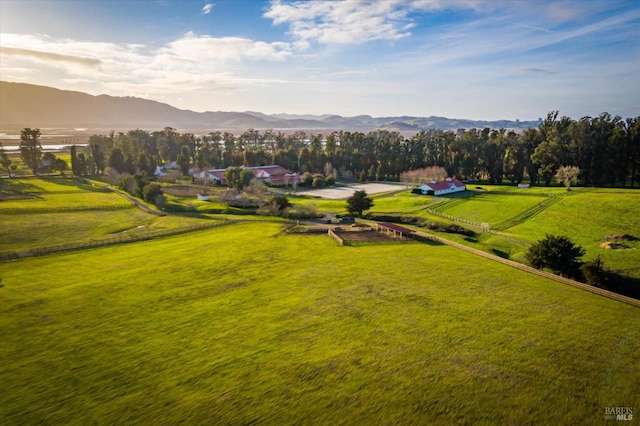 exterior space featuring a mountain view, a yard, and a rural view