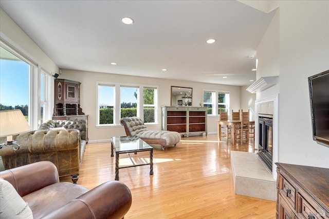 living room featuring light hardwood / wood-style floors and a tiled fireplace