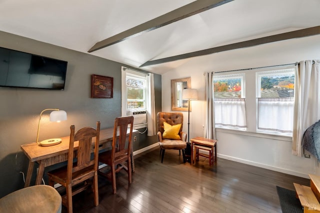 dining room featuring lofted ceiling with beams and dark hardwood / wood-style floors