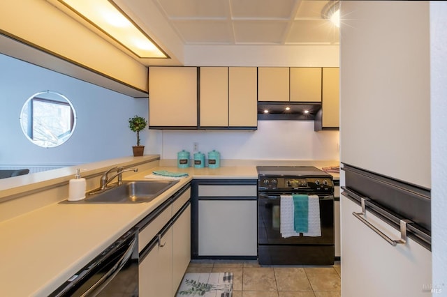 kitchen with sink, dishwasher, black range with electric cooktop, and light tile patterned flooring