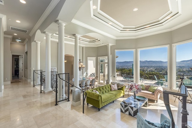 building lobby with a mountain view