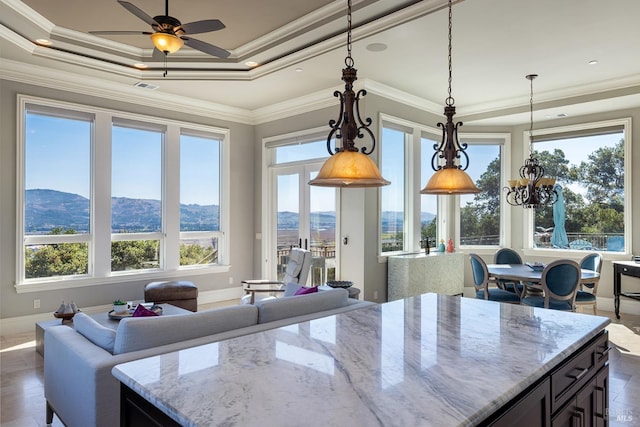 interior space featuring light stone countertops, ornamental molding, a raised ceiling, a mountain view, and hanging light fixtures