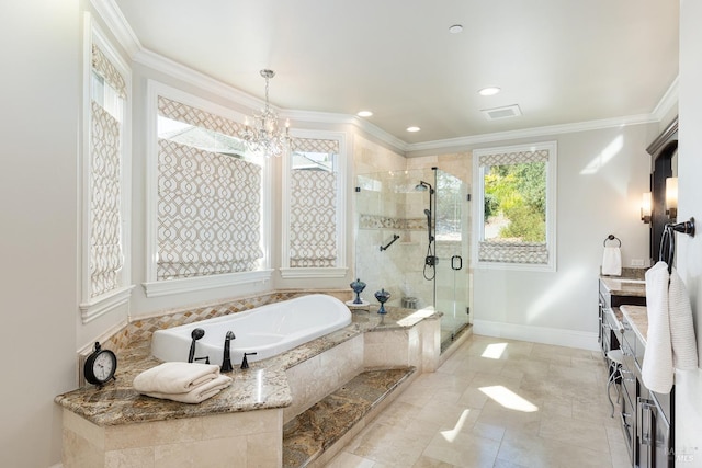 bathroom featuring ornamental molding, shower with separate bathtub, and an inviting chandelier