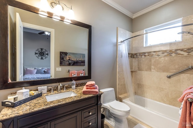 full bathroom with vanity, toilet, crown molding, and shower / tub combo