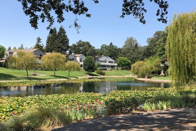 view of home's community with a yard and a water view