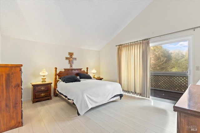 bedroom with light hardwood / wood-style flooring and lofted ceiling