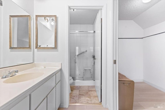 bathroom with lofted ceiling, a textured ceiling, toilet, a shower with door, and vanity