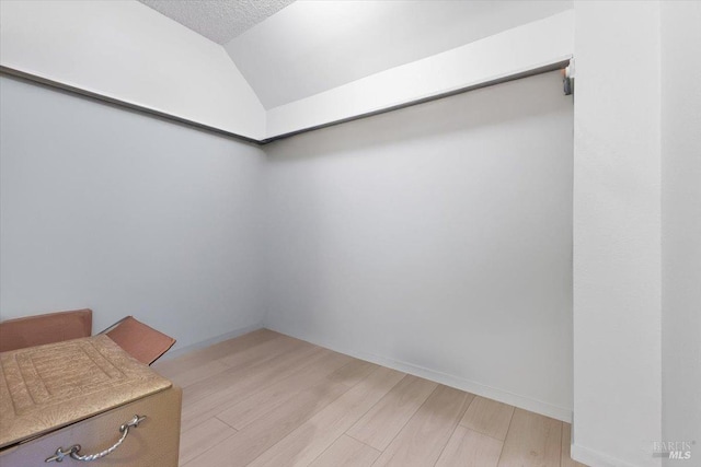 spacious closet featuring light hardwood / wood-style floors and lofted ceiling