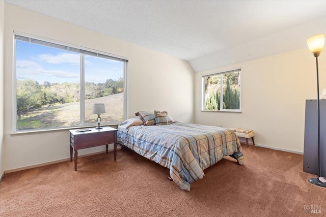 carpeted bedroom with a textured ceiling and lofted ceiling