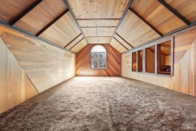 bonus room with wooden ceiling, carpet floors, and wooden walls