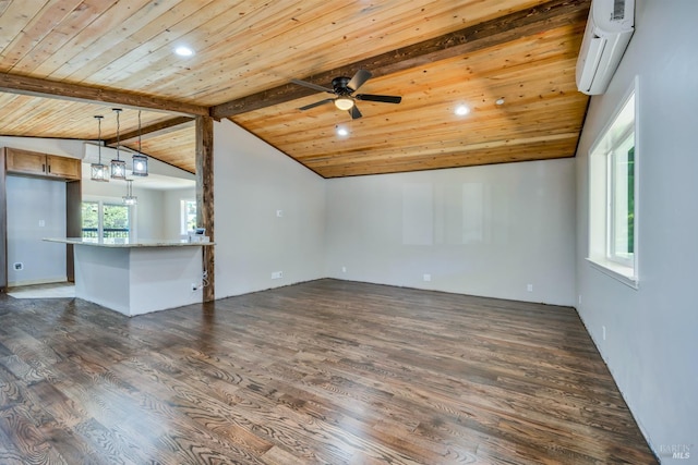 unfurnished living room featuring lofted ceiling with beams, wood ceiling, a wall mounted AC, a wealth of natural light, and dark wood-style floors