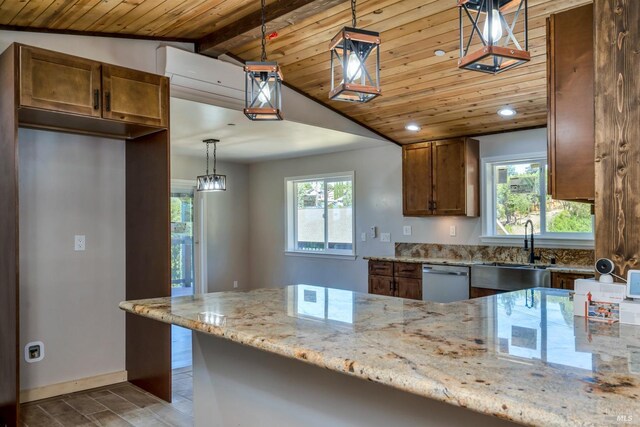 kitchen with light stone counters, wood ceiling, sink, decorative light fixtures, and dishwasher