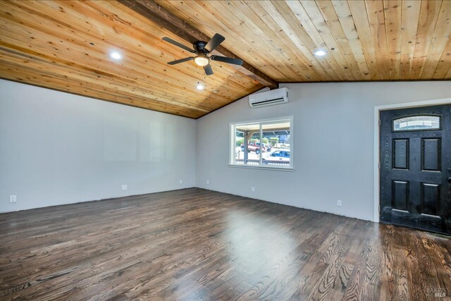 interior space with lofted ceiling with beams, ceiling fan, a wall mounted AC, dark hardwood / wood-style flooring, and wood ceiling