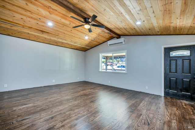 interior space featuring lofted ceiling with beams, wood ceiling, dark wood-style flooring, and a wall mounted AC