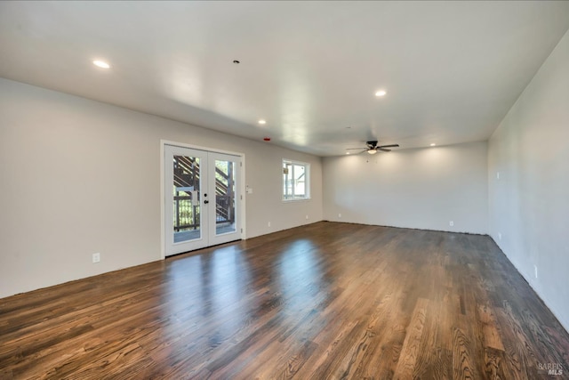 spare room featuring ceiling fan, french doors, dark wood-type flooring, and recessed lighting