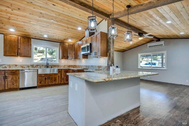 kitchen featuring kitchen peninsula, appliances with stainless steel finishes, wood ceiling, an AC wall unit, and hanging light fixtures