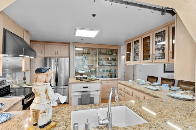 kitchen featuring light brown cabinets, sink, light stone countertops, range hood, and stainless steel appliances