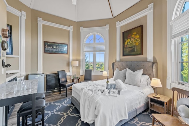 bedroom with multiple windows, dark hardwood / wood-style flooring, and vaulted ceiling