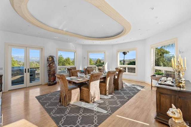 dining space featuring light hardwood / wood-style floors, a raised ceiling, and french doors