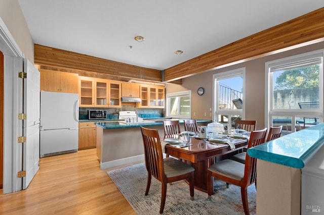 dining area with sink and light hardwood / wood-style flooring