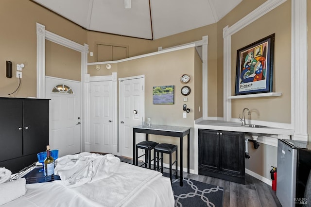 bedroom featuring sink and dark wood-type flooring