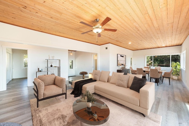 living room featuring light hardwood / wood-style floors, ceiling fan, and wood ceiling