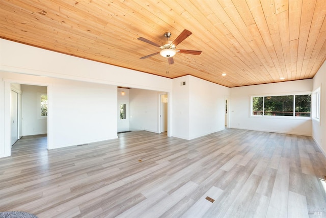 unfurnished living room with ceiling fan, wood ceiling, and light hardwood / wood-style floors