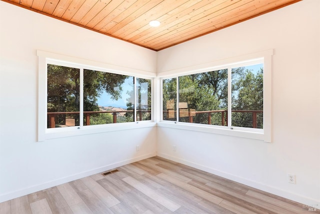 unfurnished sunroom featuring wood ceiling