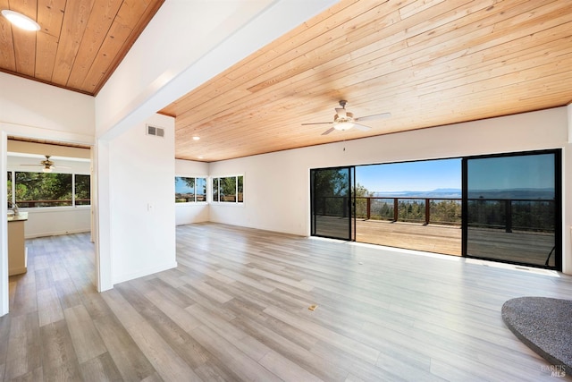 unfurnished living room with light hardwood / wood-style floors, wooden ceiling, and a wealth of natural light