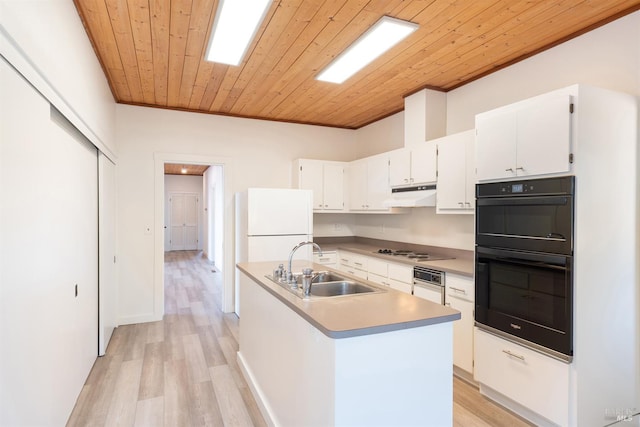 kitchen with white cabinetry, sink, an island with sink, white appliances, and wood ceiling