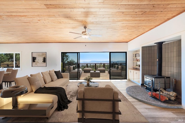 living room with a wood stove, a healthy amount of sunlight, and wooden ceiling