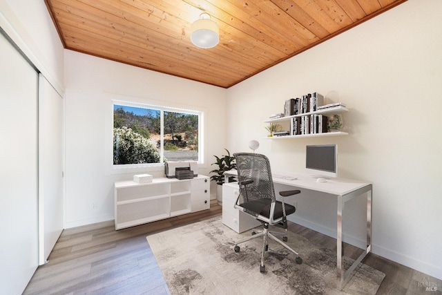 home office featuring hardwood / wood-style floors and wood ceiling