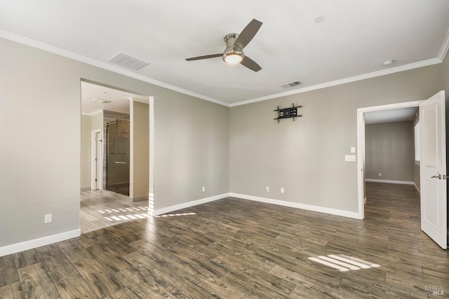 unfurnished room featuring ceiling fan, dark hardwood / wood-style floors, and ornamental molding